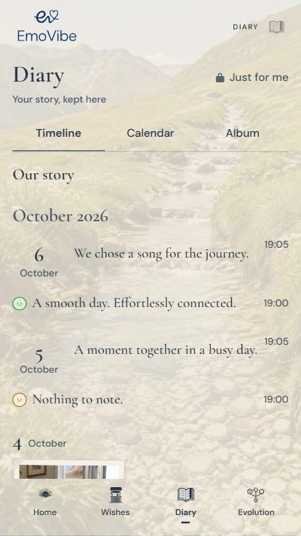 English presentation preview of EmoVibe Diary, a light timeline with memories and dates