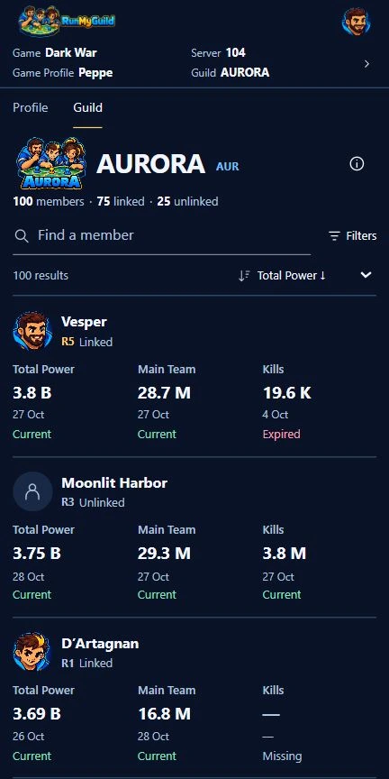 RunMyGuild mobile interface prototype in English: example guild overview with member roster, Power, Main Team and Kills; sample data
